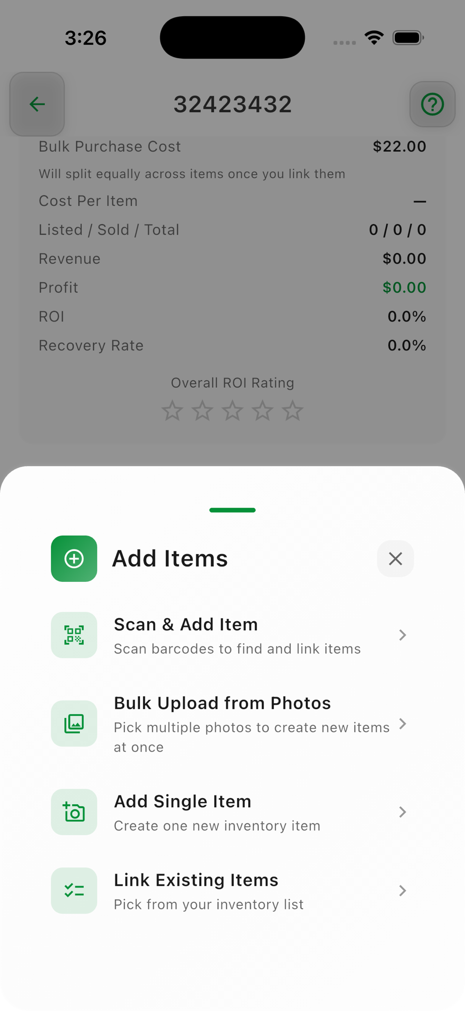 Add Items options