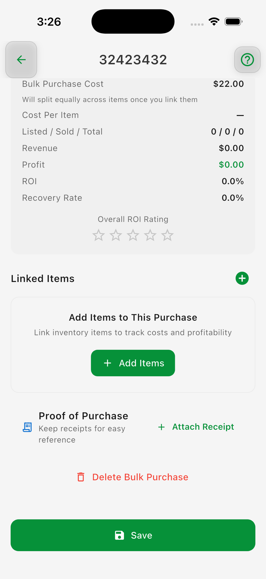 bulk purchase detail with Linked Items and Add Items