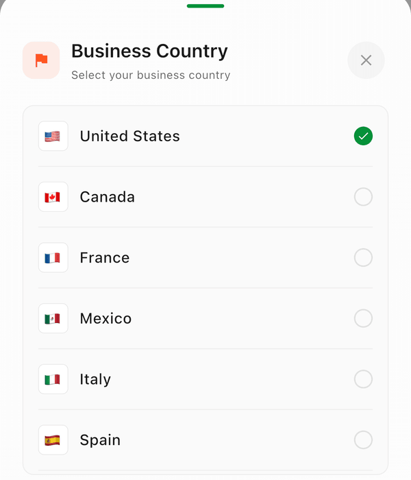 The Business Country picker with United States selected