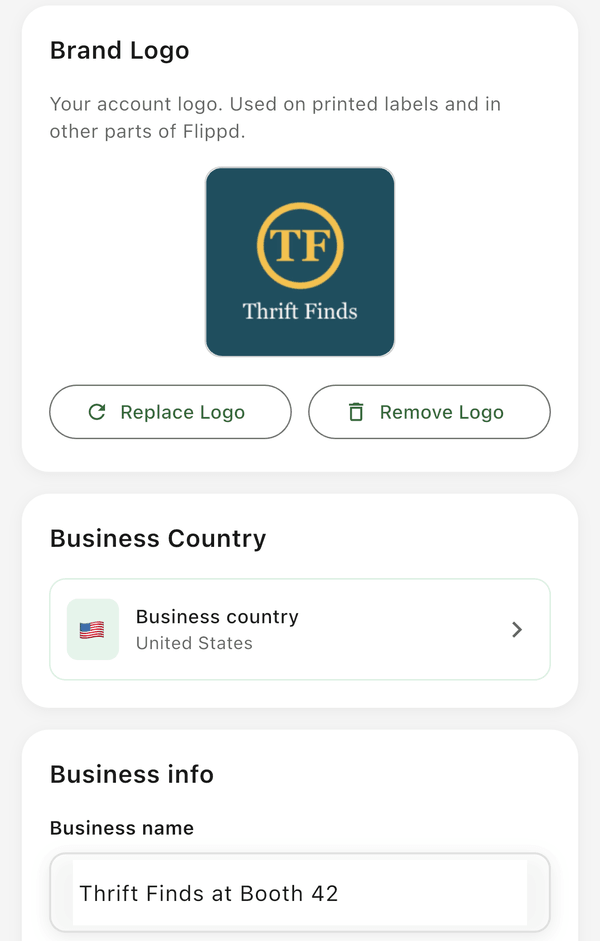 Business Profile with a brand logo, business country, and business name