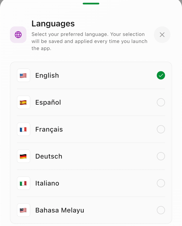 The Languages sheet: English, Español, Français, Deutsch, Italiano, and Bahasa Melayu