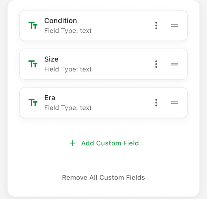 Custom fields Condition, Size, and Era, with Add Custom Field below