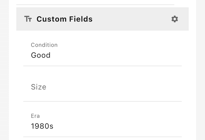 Custom fields Condition, Size, and Era on an item's detail screen