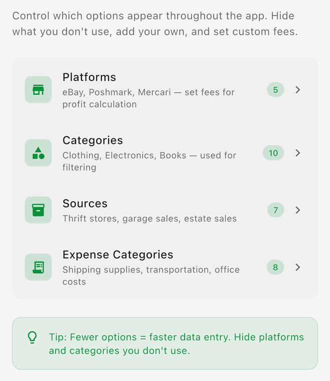 Customize Data with Platforms, Categories, Sources, and Expense Categories