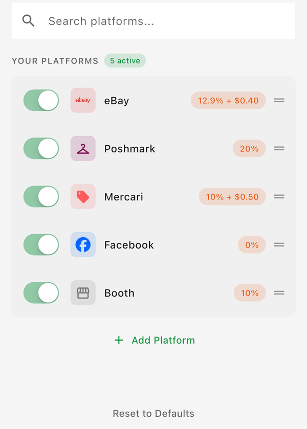 The Platforms list with each platform's fee and an Add Platform button