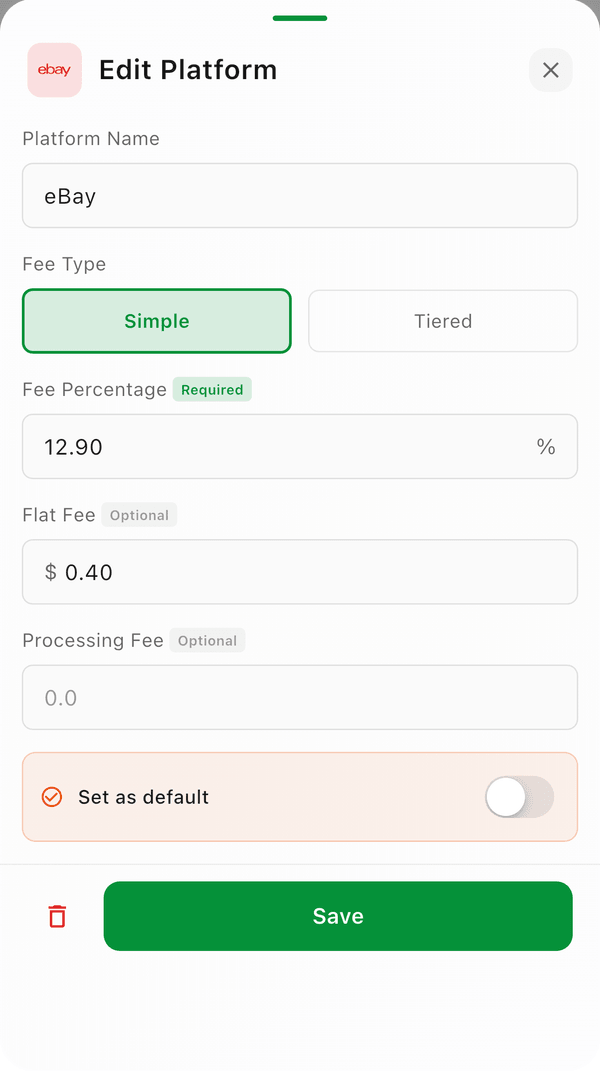 Editing a platform's fees: fee type, percentage, flat fee, processing fee, and Set as default