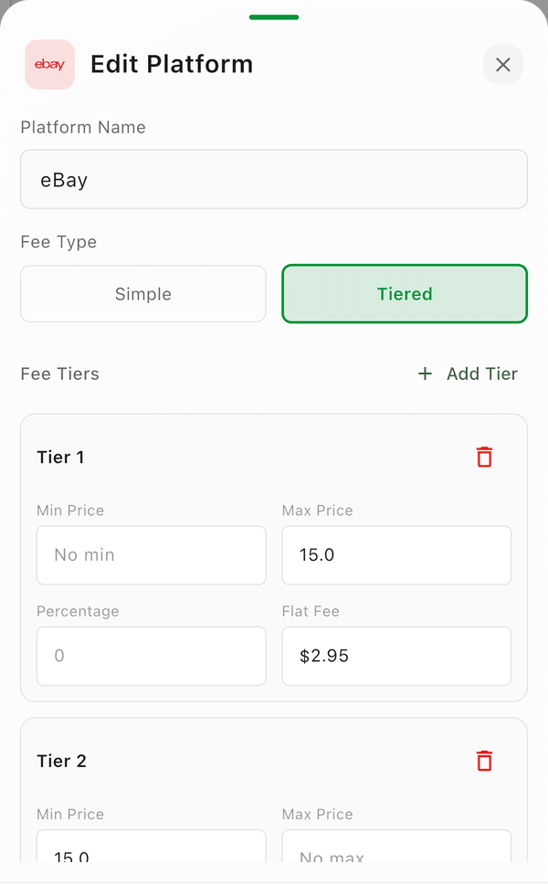 A tiered fee structure with a fee for each price range