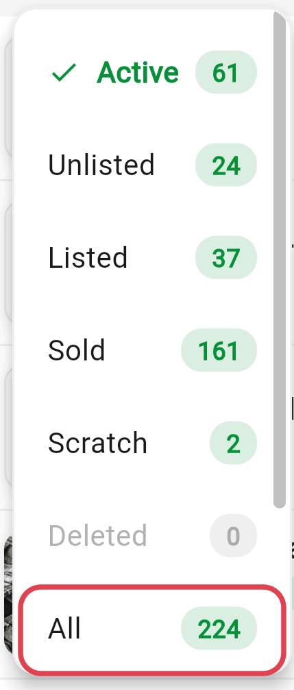 The inventory status filter menu open, with the All option at the bottom