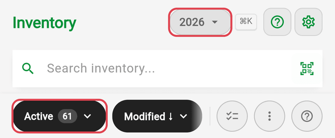 The year dropdown and the inventory status filter at the top of the Inventory screen