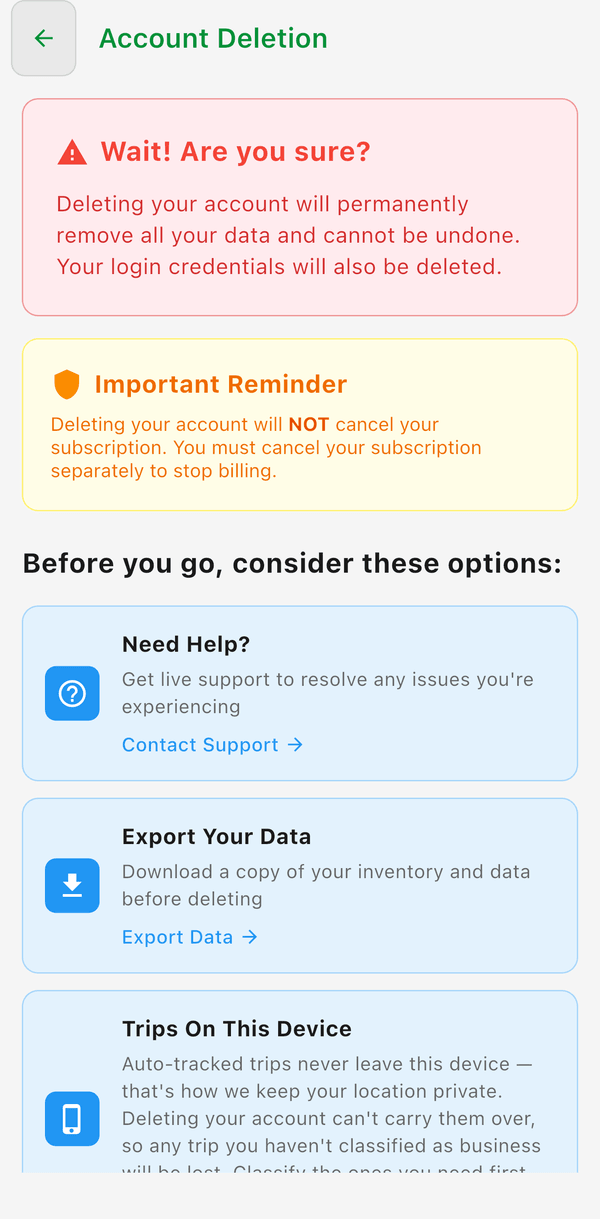 The Account Deletion screen with a warning, a subscription reminder, and options to try first