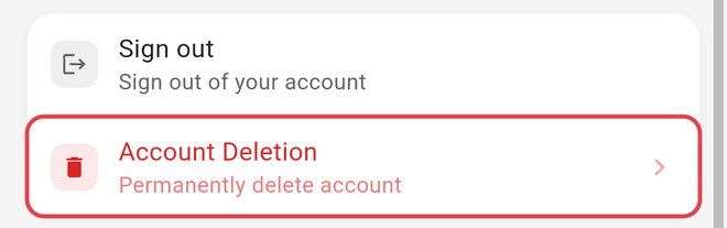 The Account Deletion row at the bottom of Settings, just below Sign out