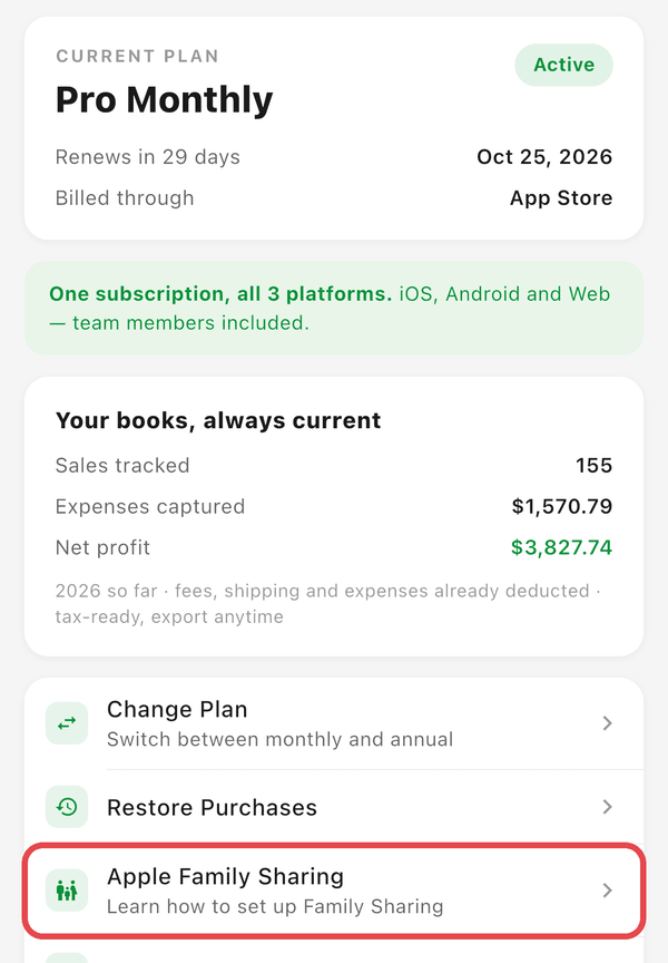The Your plan screen with the Apple Family Sharing row highlighted
