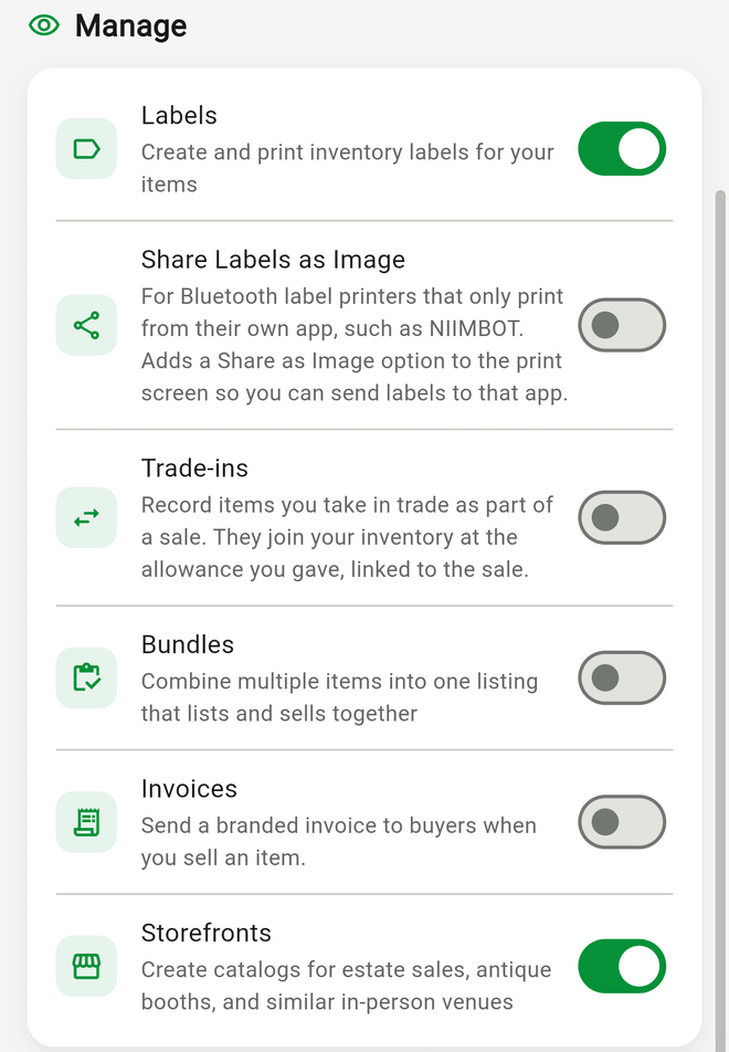 Feature Visibility: the Manage section with Labels, Share Labels as Image, Trade-ins, Bundles, Invoices, and Storefronts