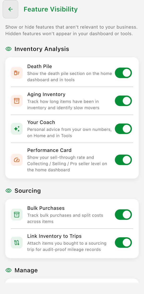 Feature Visibility toggles for Death Pile, Aging Inventory, Your Coach, Performance Card, and sourcing features
