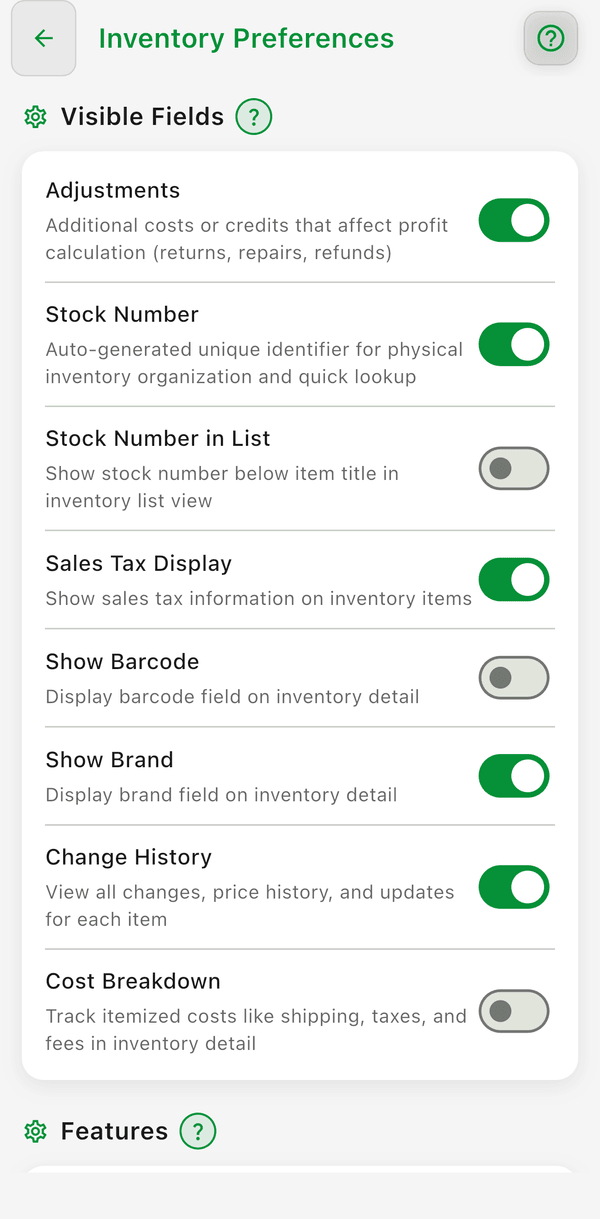 Inventory Preferences: the Visible Fields toggles