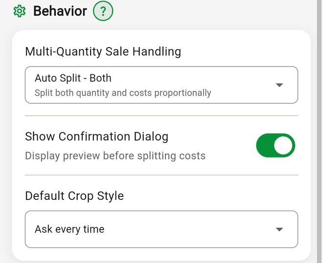 Inventory Preferences: the Behavior section with Multi-Quantity Sale Handling, Show Confirmation Dialog, and Default Crop Style