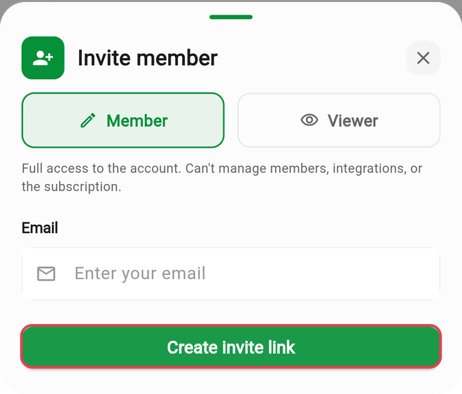 The Invite member sheet with the Member and Viewer roles, the Email field, and the Create invite link button