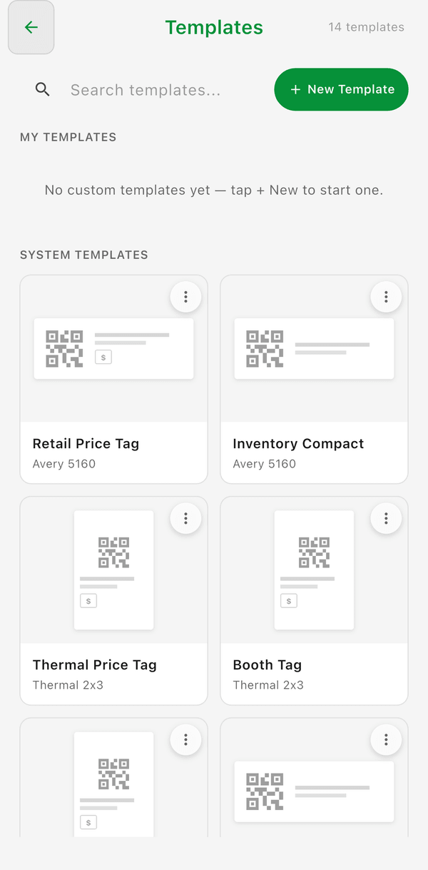 The Templates screen with New Template and the system templates