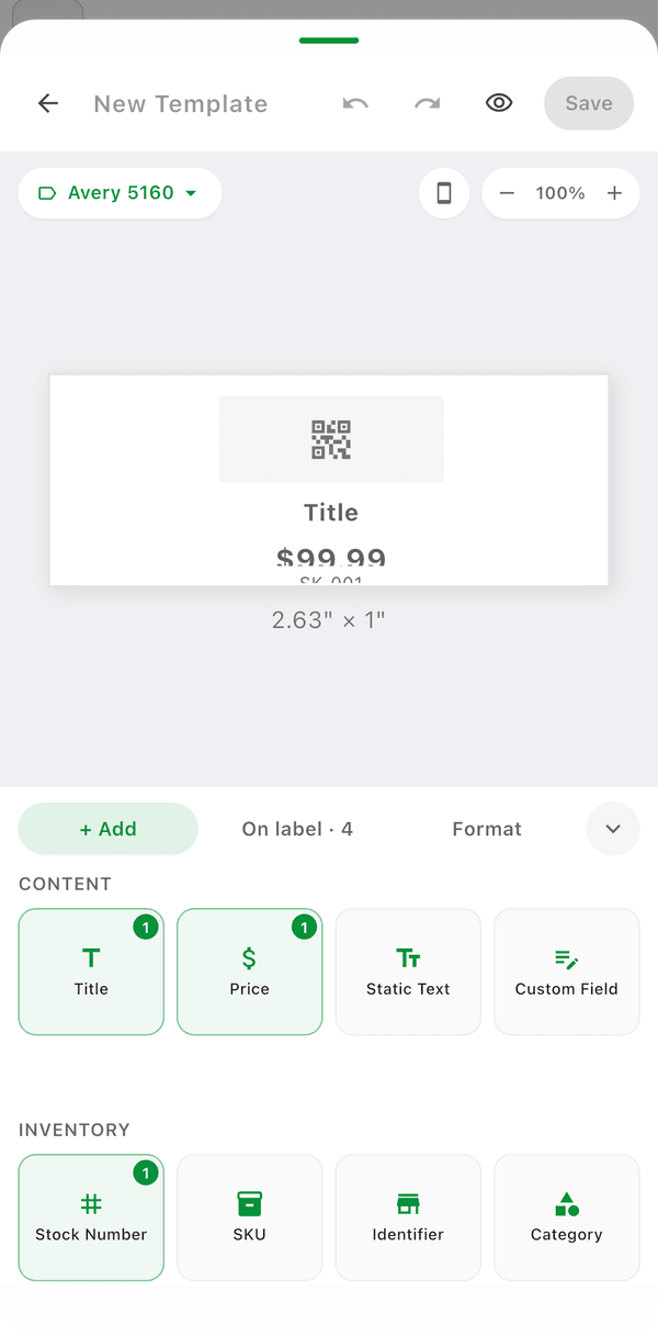 The label editor with a live preview and the elements you can add