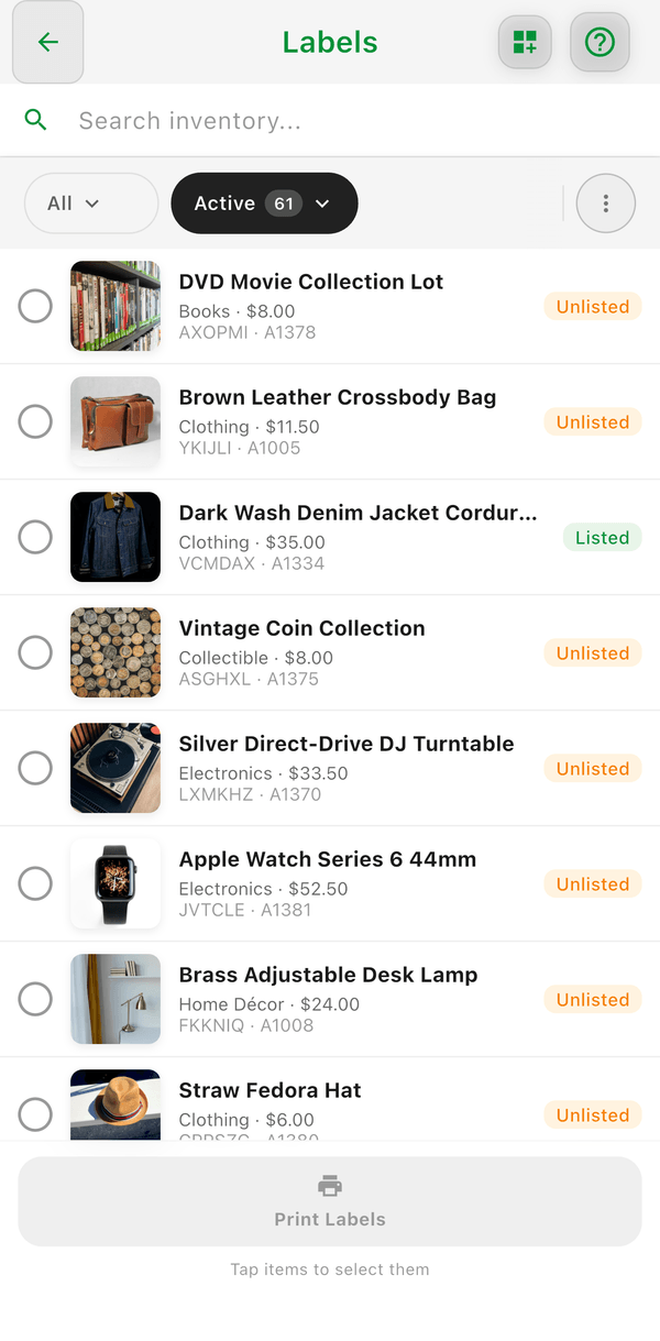 The Labels screen listing items to select for printing