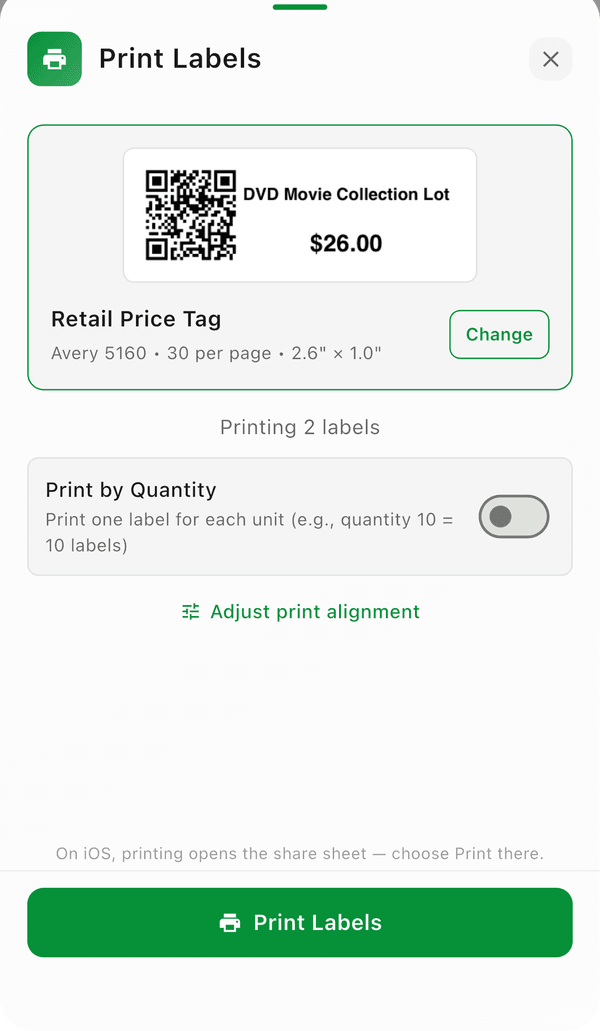 The Print Labels sheet with the chosen template, Print by Quantity, and Print Labels