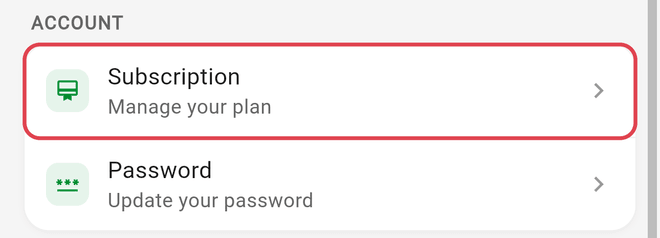 The Subscription row in the Account section of Settings