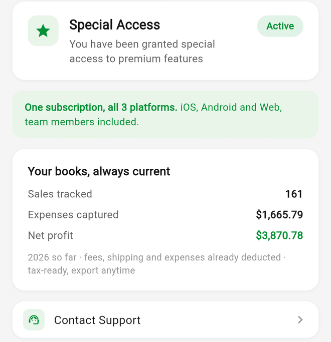 The Your plan screen showing Special Access with only a Contact Support option and no Cancel button