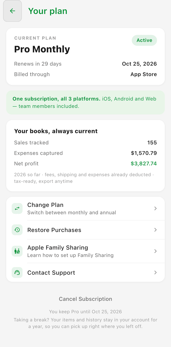 The Your plan screen showing Pro Monthly, the renewal date, Change Plan, and Cancel Subscription