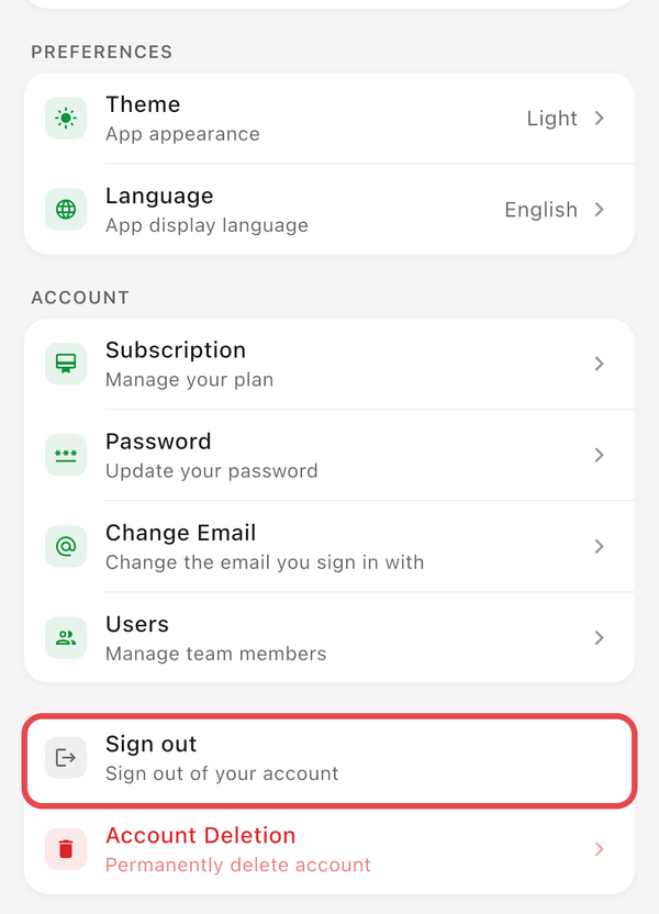 Settings with the Sign out row highlighted