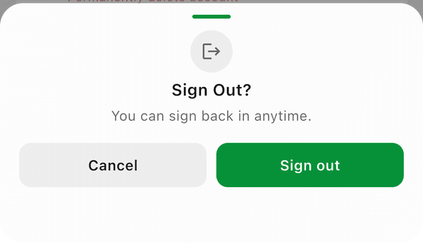 The Sign Out? confirmation with Cancel and Sign out buttons