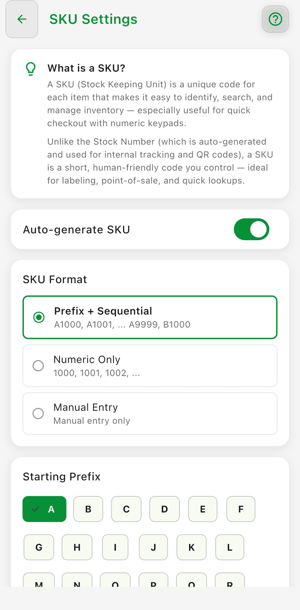 SKU Settings: auto-generate, SKU format, and starting prefix