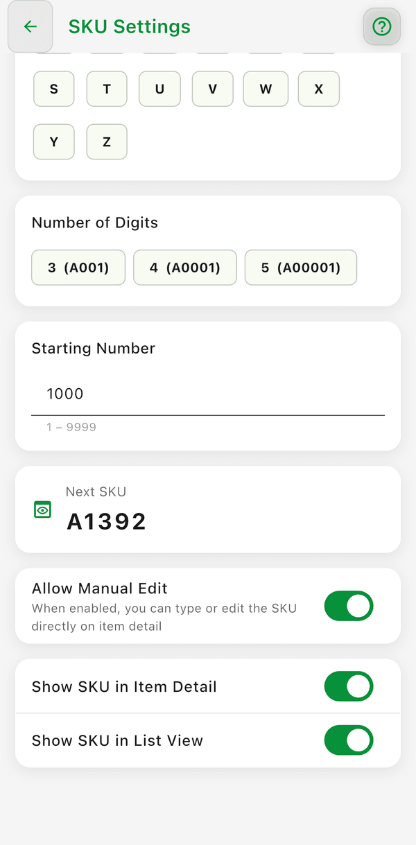 SKU Settings: number of digits, starting number, next SKU preview, and display options