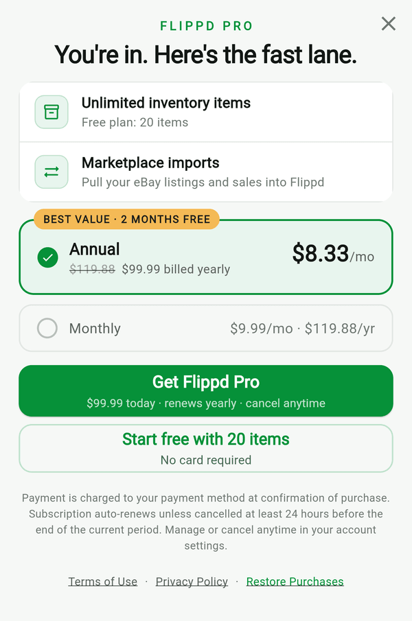 Flippd Pro plans: Annual at $99.99 a year ($8.33/mo) and Monthly at $9.99/mo