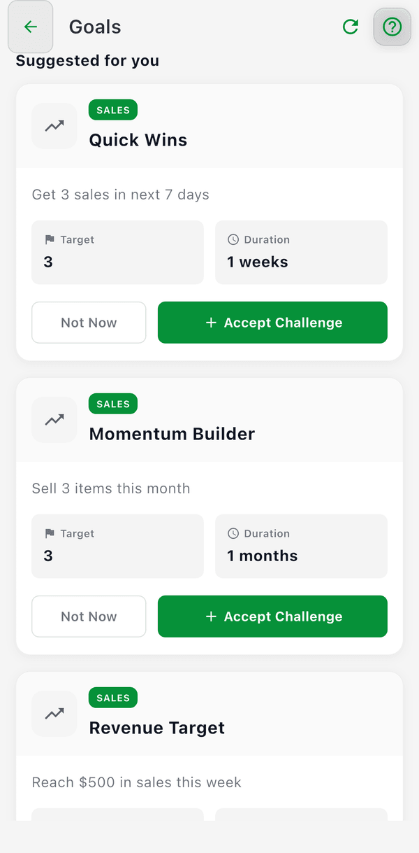 Suggested challenges on the Goals screen with Accept Challenge buttons