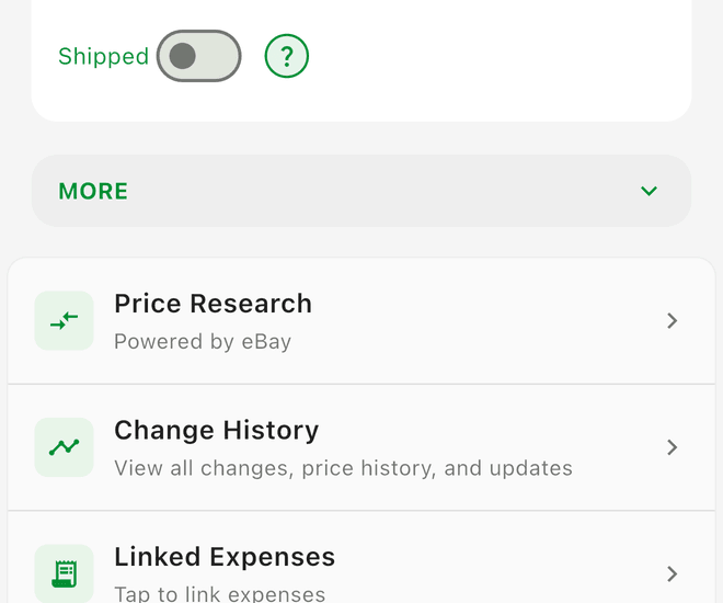 The item's More section with Price Research, Change History, Linked Expenses, Bulk Purchase, and Proof of Purchase