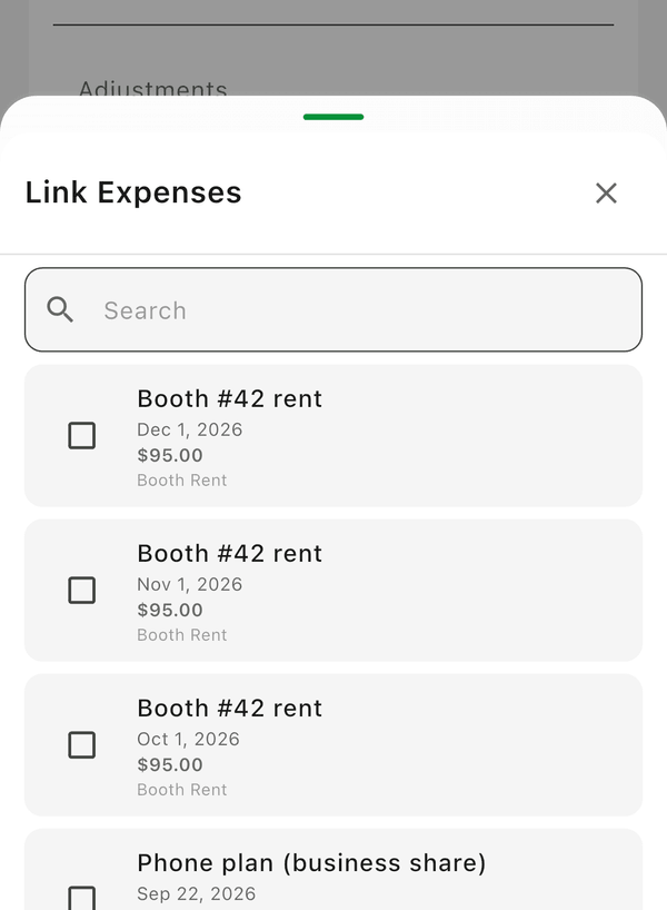 The Link Expenses sheet on an item, listing expenses you can attach