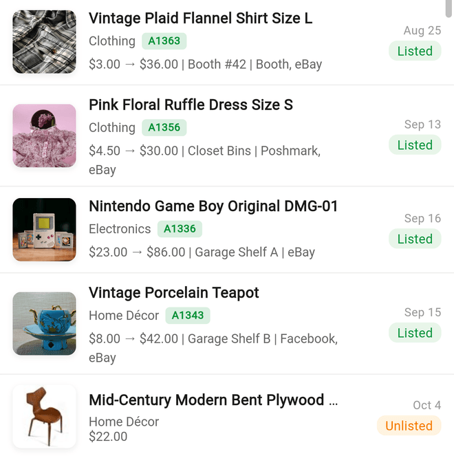 Inventory list rows: Listed items show cost and list price, an Unlisted item shows only its cost