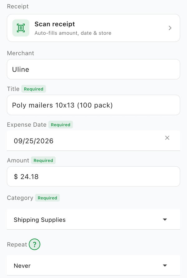 An expense filled in with merchant, title, date, amount, category, and Repeat