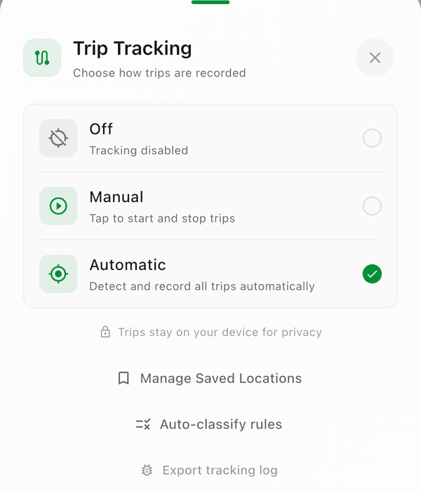 The Trip Tracking sheet with Off, Manual, and Automatic modes