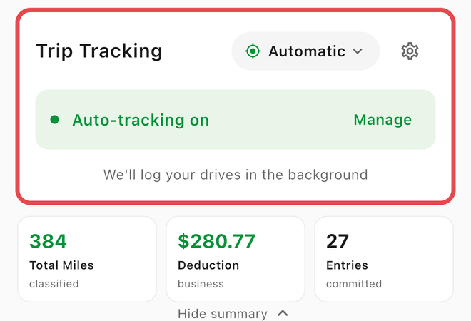 The Trip Tracking card on Mileage showing auto-tracking on