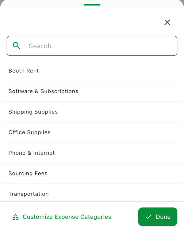 The expense category picker with Customize Expense Categories at the bottom