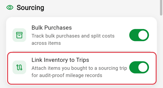 Feature Visibility Sourcing section with the Link Inventory to Trips switch