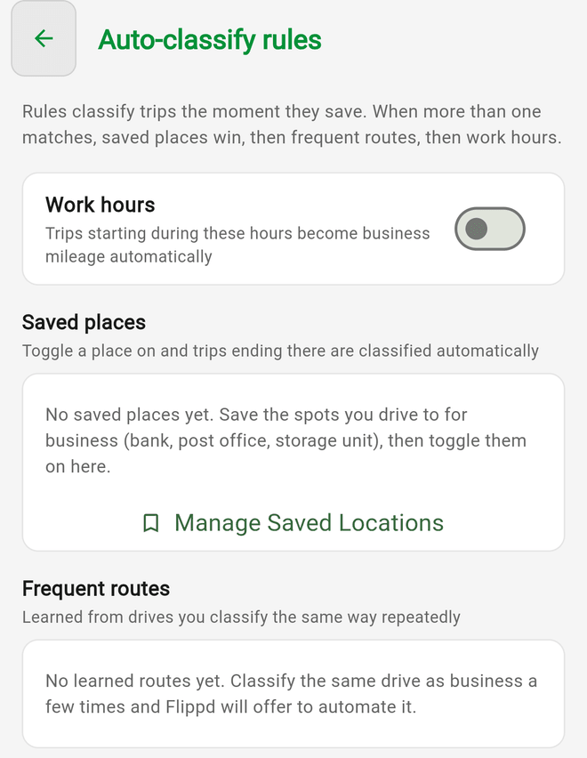 Auto-classify rules screen with the Work hours, Saved places, and Frequent routes sections