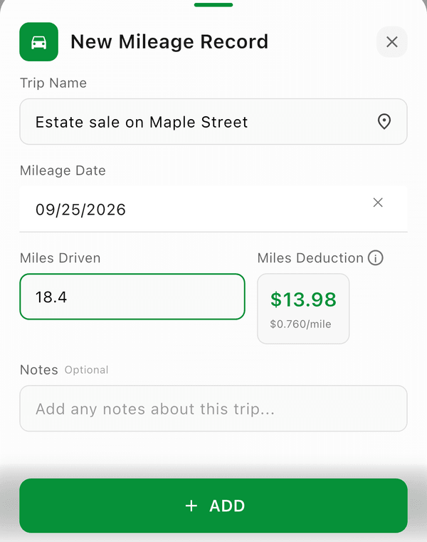 A new mileage record with trip name, date, miles driven, and the calculated deduction