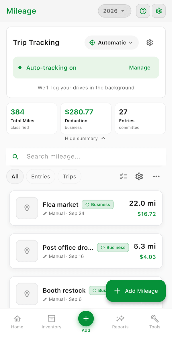 The Mileage screen with total miles, deduction, and a list of business trips