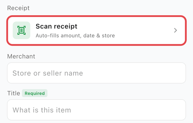The Scan receipt row at the top of the expense form