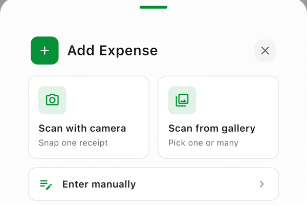 The Add Expense sheet: Scan with camera, Scan from gallery, or Enter manually