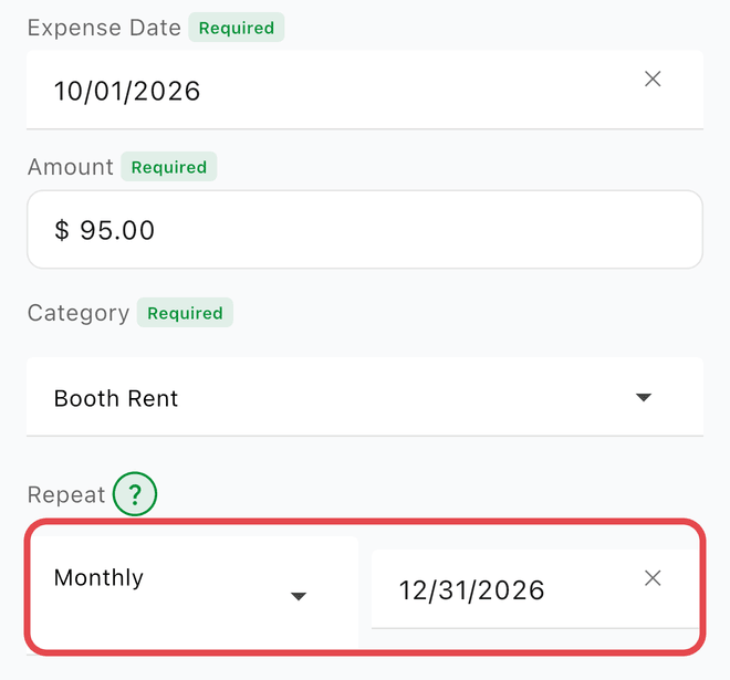 A monthly booth rent expense with Repeat set to Monthly and an end date