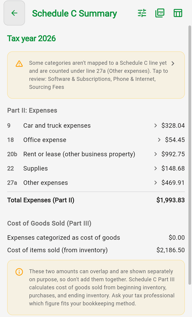 Schedule C Summary showing Part II expense lines with a total and the two separate Cost of Goods Sold (Part III) figures
