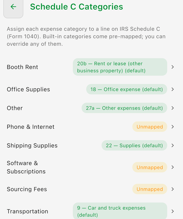 Schedule C Categories with each expense category mapped to an IRS line, and unmapped ones flagged